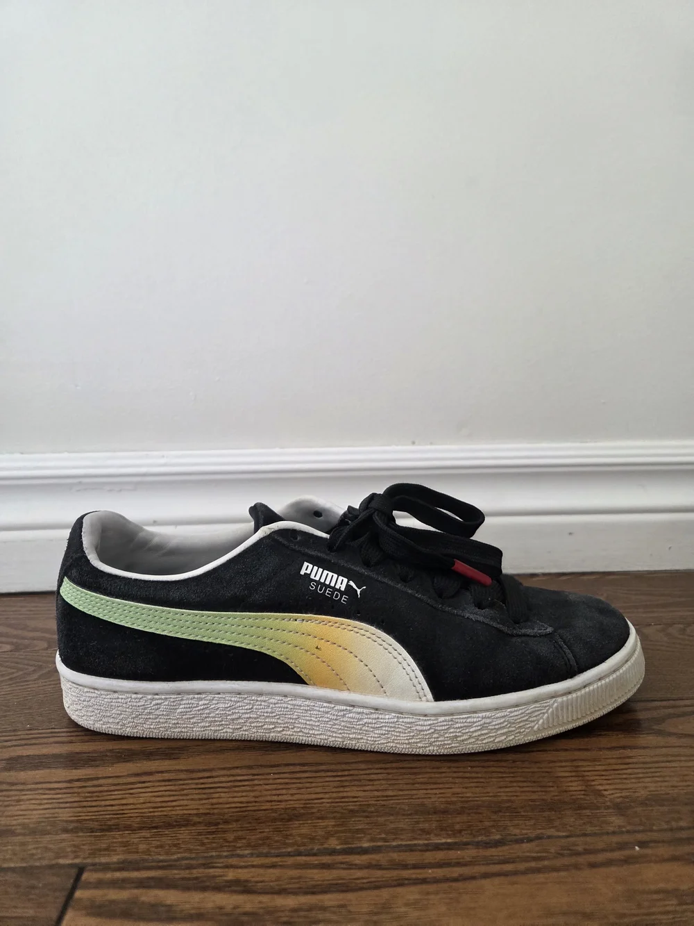 Puma X 2K Men  Black Suede Sneaker with Green & Yellow Accent 8.5